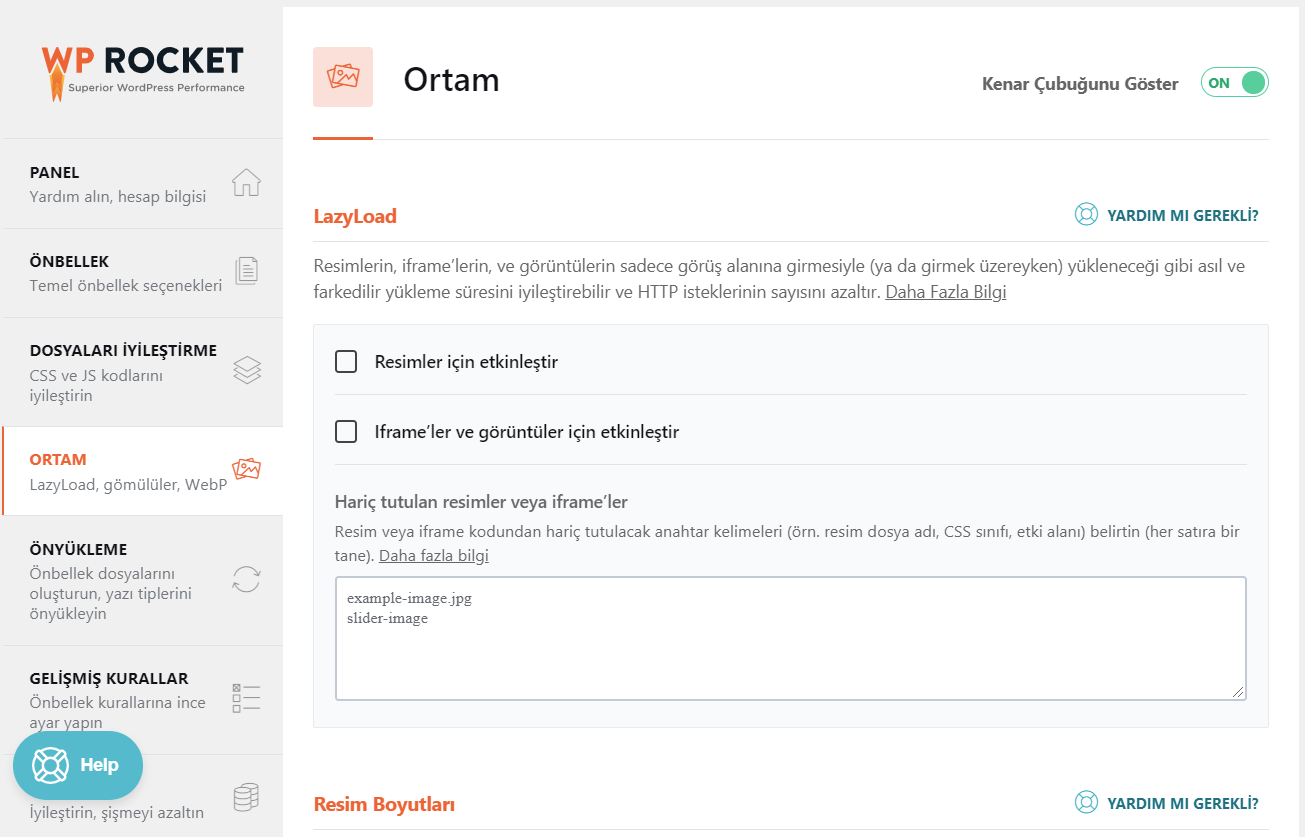 ortam ayarları wp-rocket