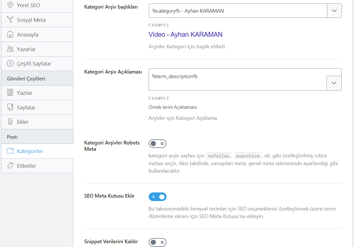 Rank Math SEO Kategori Ayarları